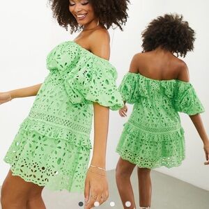 ASOS mint Off-Shoulder puff sleeve Eyelet Mini Dress size 6
